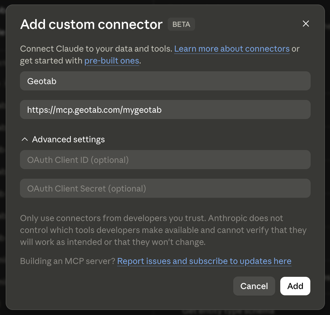Claude's "Add custom connector" dialog, pre-filled with the name Geotab and the URL https://mcp.geotab.com/mygeotab